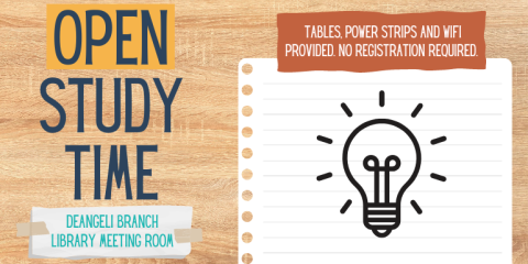 Tables, power strips and wifi provided. No registration required. Open Study Time deAngeli Branch Library Meeting Room